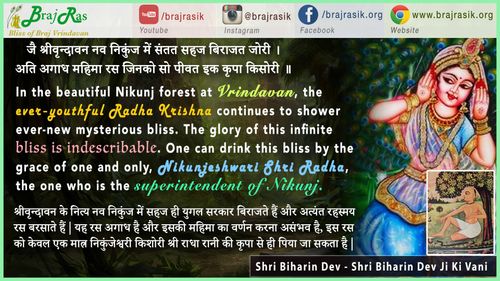 जै श्रीवृन्दावन नव निकुंज में संतत सहज बिराजत जोरी - श्री बिहारिन देव - श्री बिहारिन देव जी की वाणी, सिद्धान्त की पद (152)