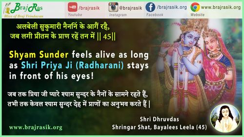 अलबेली सुकुमारी नैननिं के आगैं रहै - श्री ध्रुवदास, बयालीस लीला, श्रिंगार शत 1 (45)
