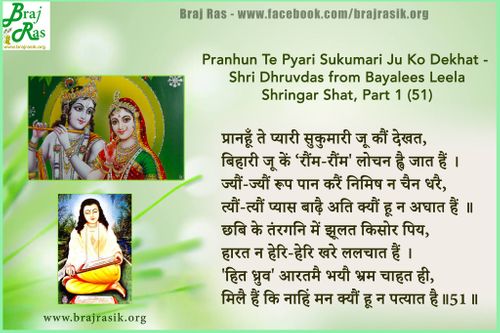 प्रानहूँ ते प्यारी सुकुमारी जू कौं देखत - श्री ध्रुवदास, बयालीस लीला, श्रृंगार शत 1 (51)