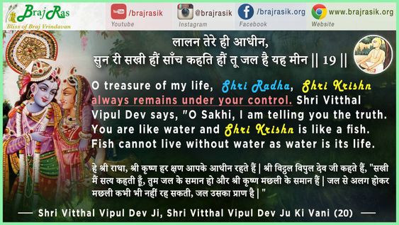 लालन तेरे ही आधीन, सुन री सखी हौं साँच कहति हौं -  श्री विठ्ठल विपुल देव जू की वाणी (19)