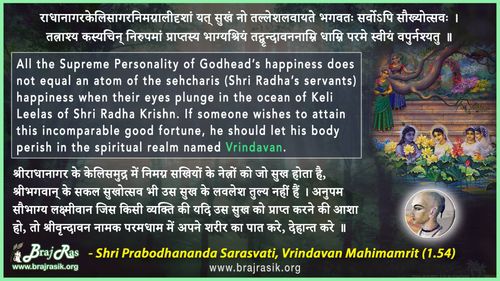 राधानागरकेलिसागरनिमग्नालीदृशां यत् सुखं - श्री प्रबोधानंद सरस्वती, वृन्दावन महिमामृत (1.54)