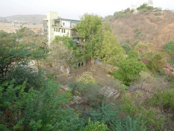 Beautiful View of Radha Sarovar, Maanmandir and Gehvarvan from Rasik Saint Shri Nagaridas's Bhajan Kutir near Mor kuti in Gehvar Van, Barsana. Radhey Radhey.
