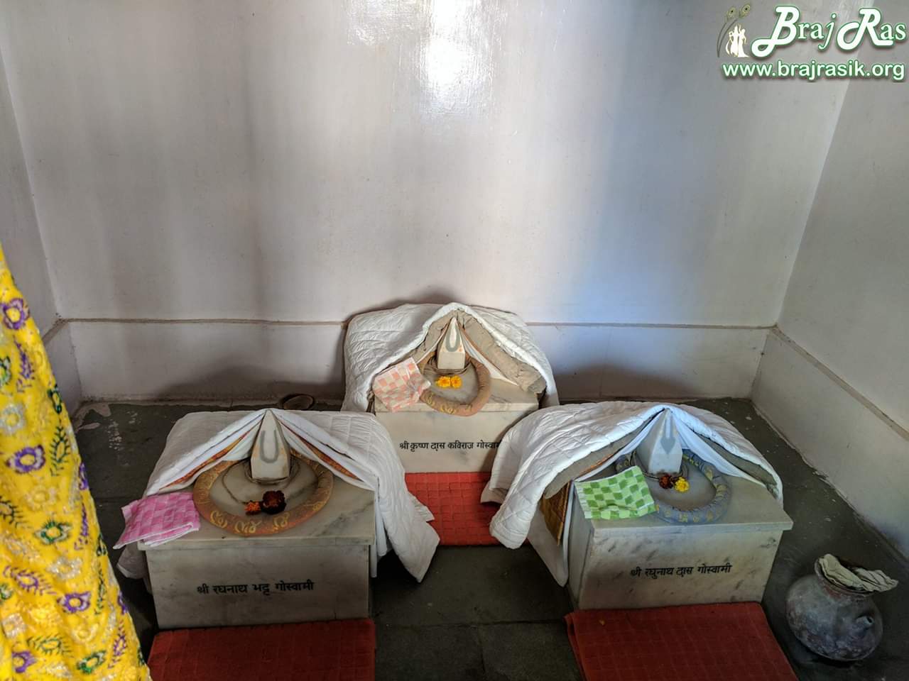 Three Goswami's Samaadhi (Raghunath Bhatta (left side), Krishna Dasa Kaviraja (center), and Raghunath Dasa Gosvami (right side) at Radha Kund, Vrindavan