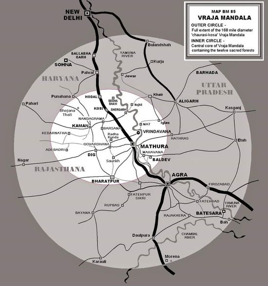 The Garga Samhita says. “The land between Baharisad (Barhada) in the northeast, Yadupura (Batesar) in the south, Sonitpura (Sohna) in the west, which measures eighty-four kosas, has been called Mathura Mandala or Braj Mandala by all learned persons.” From Sonhai to Batesara is eighty-four kosas which is equal to one hundred and sixty-eight miles. This is the actual diameter of the holy Dham from north to south or east to west, thus creating a circular mandala with Mathura in the Centre.