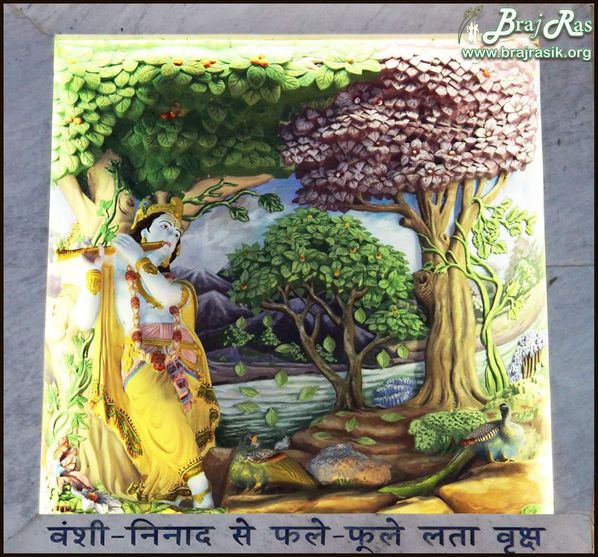 Maharaas Leela - Lord of Gopis performed the celebrated pastime of Maharaas Dance on auspicious day of Sharad Purnima (full moon night). Shri Krishn has taken as many forms as there were gopis. The Leela happend at Vamshivat, Vrindavan which is portrayed in the outer wall.