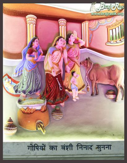 Shyam Sundar Playing his flute in the bowery alcoves of Vrindavan:Divine pastime is depicted on the wall of Prem Mandir when Shyam Sunder is playing His flute and is capturing everyone’s hearts with its musical notes. Meditating upon the image of Shri Radha Rani, He sings the name of Radha through His flute and so engrossed in drinking the nectar of the melodious flute, trees are flourishing.