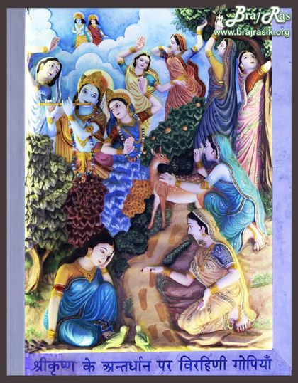 Gopis Search for Krishn after he left them in Raas Leela: Leela is described in Shrimad Bhagwatam Canto 10, Chapter 30.It described how gopis, tormented through the long night by separation from Krishna, wandered like madwomen from forest to forest in search of Him.From all the moving and nonmoving creatures they asked for news of Krishn's whereabouts. They asked creepers, trees and animals like deer about him as depicted in the picture. They saw the foot prints of Radha Krishn until a certain point as depicted and finally they saw only foot print's of Shri Krishn which were deeply immersed in the mud. So they finally confirmed that Shri Krishn must have put Radha Rani on her shoulders. Finally, they said that "Radha Rani" is Certainly the best worshipper among all the gopis and best devotee of Shri Krishn among all the devotees, since He was so pleased with Her that He abandoned the rest of us and brought Her to a secluded place.