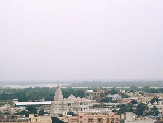 Glimpses of Prem Mandir with Yamuna ji, from Top - Bird eye view, Vrindavan.