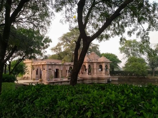 View of Vrinda Devi Temple from a distant garden.
