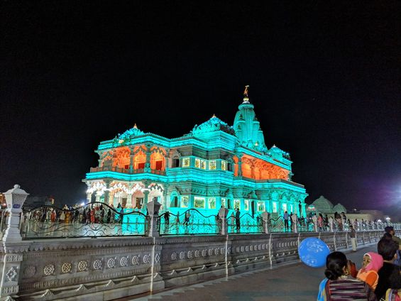 Night view of Prem Mandir in green lighting