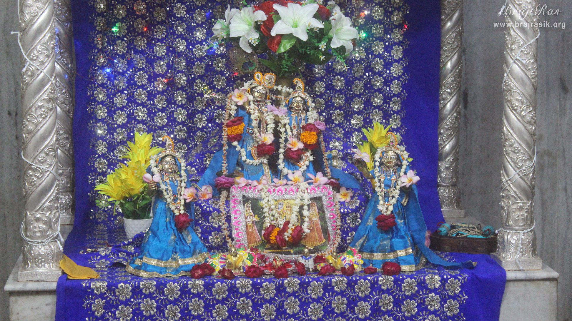 Distant Darshan of Shri Radha Krishna along with Lalita and Vishakha in blue attire at Pyari Kunj, Vrindavan