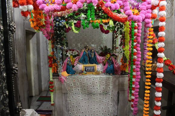 Distant Darshan of Shri Radha Krishna along with Lalita and Vishakha in blue and light pink attire at Pyari Kunj, Vrindavan