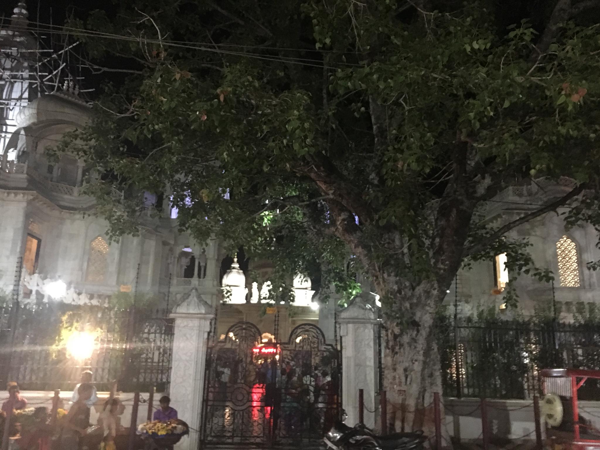 Outside view in night of Krishna Balram Temple, Vrindavan ISKCON