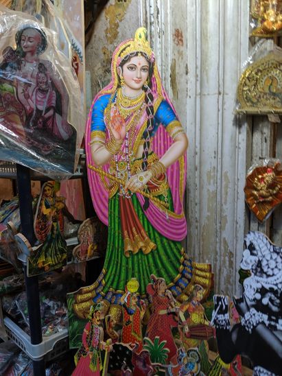 Shri Radharani portrait stand in Banke Bihari Gali, Vrindavan