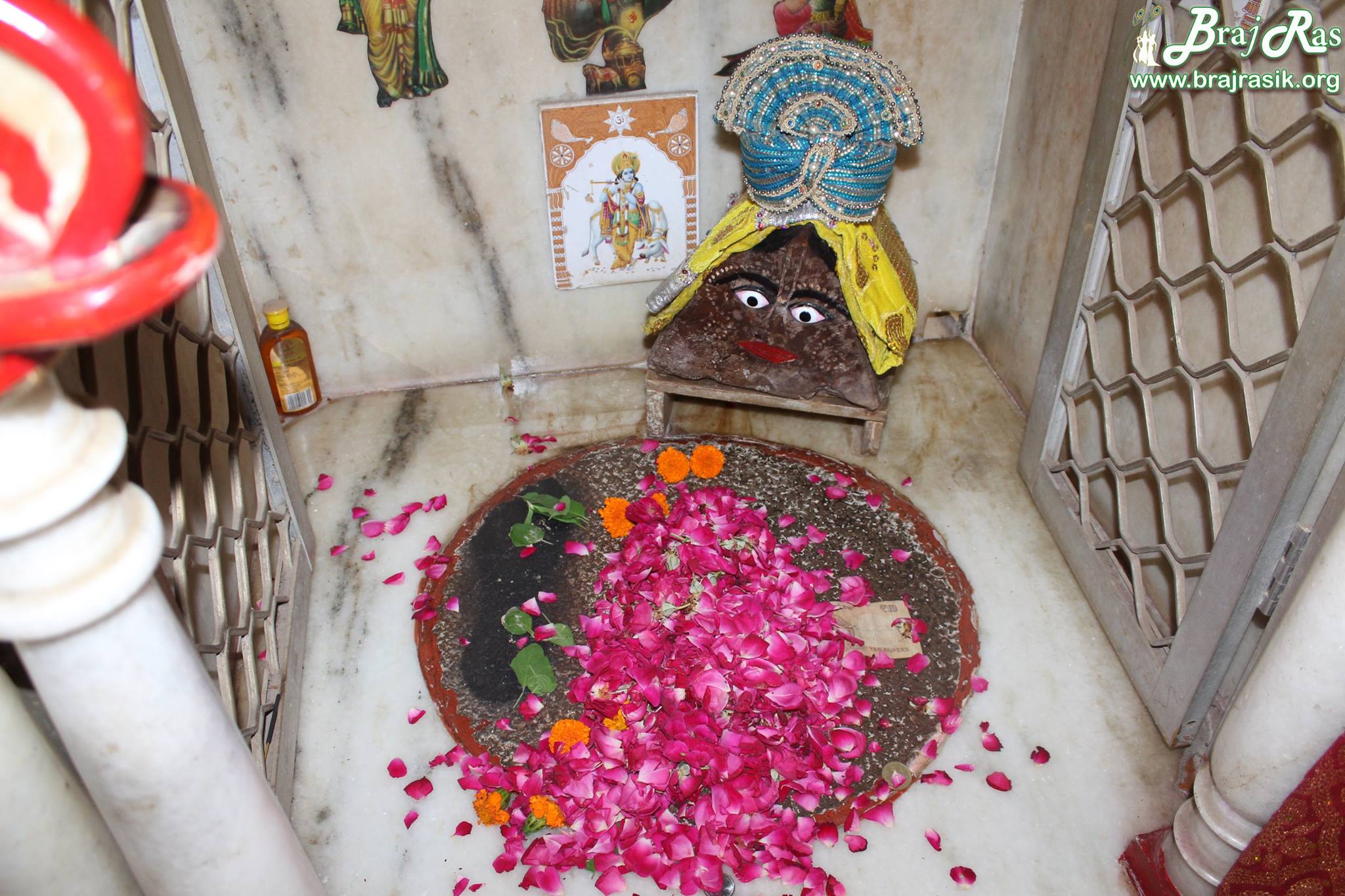 Darshan of grindstone on which Shri Krishna placed his lotus feet at Jhadu Mandal, Vrindavan