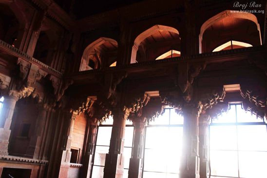 Inside view of ancient pillars of temple of Shri Govind Dev or Govinddev, Vrindavan