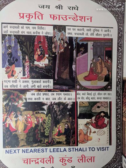 Close view of various pastimes depicted on wall of Deha Bihari Temple at Deha Kund, Braj