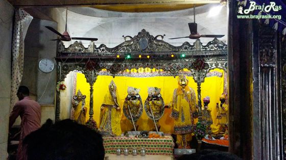 Darshan of Shri Krishna Balaram and Yashoda Nandbaba and Shri Radharani on the left in Temple at Nandgaon