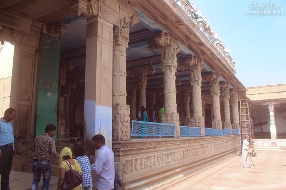Beautiful view of ancient pillars depicting various pastimes inside Shri Rangji Mandir, Vrindavan