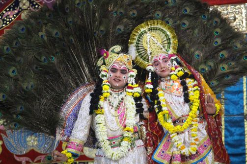 Darshan of Shri Radha Krishna in peacock dance at Raas Leela Moments, Vrindavan