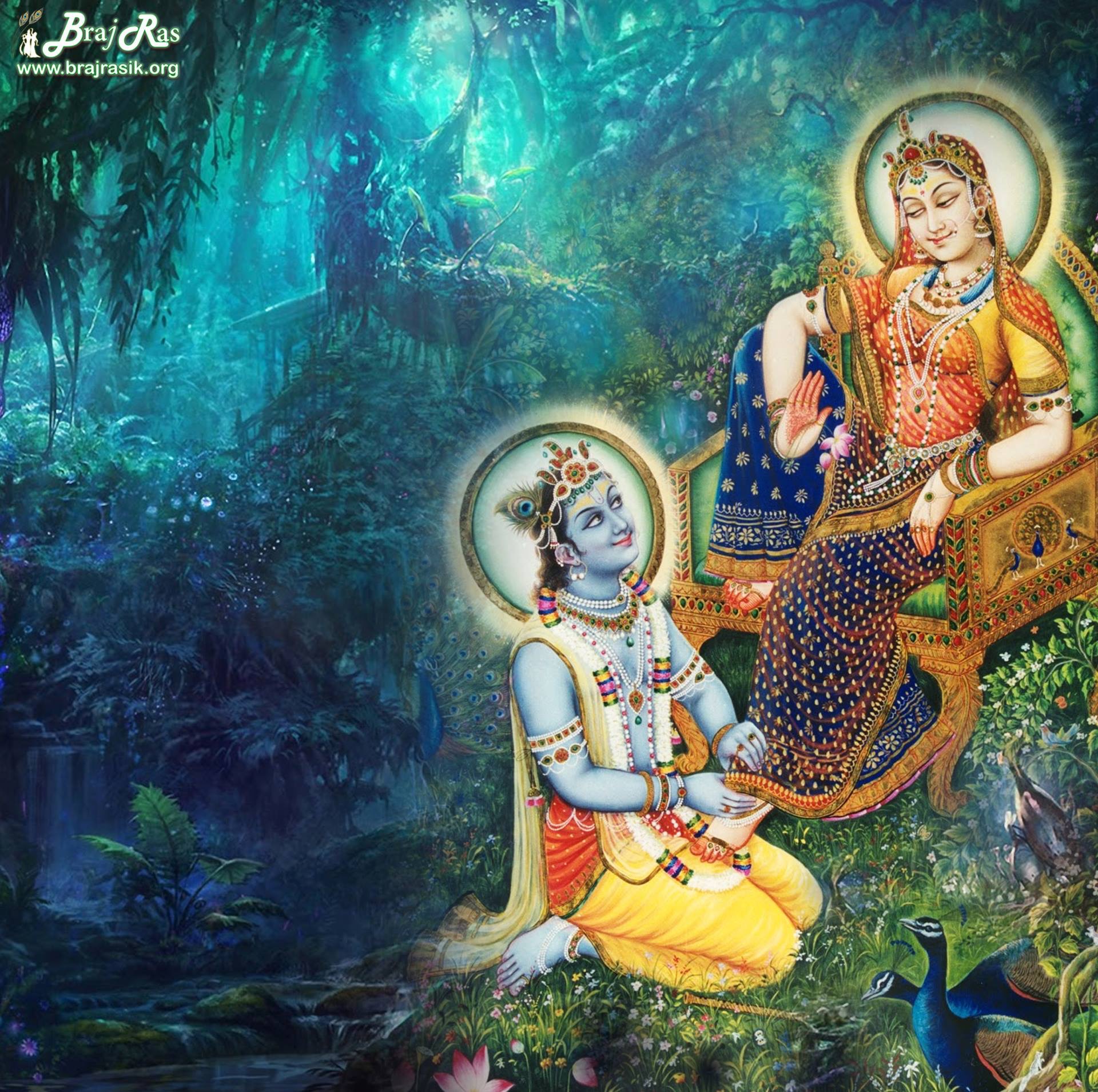 Shri Krishn serving the lotus feet of Shri Radha at the bowers of  Vrindavan, desktop image, image size:1920x1909