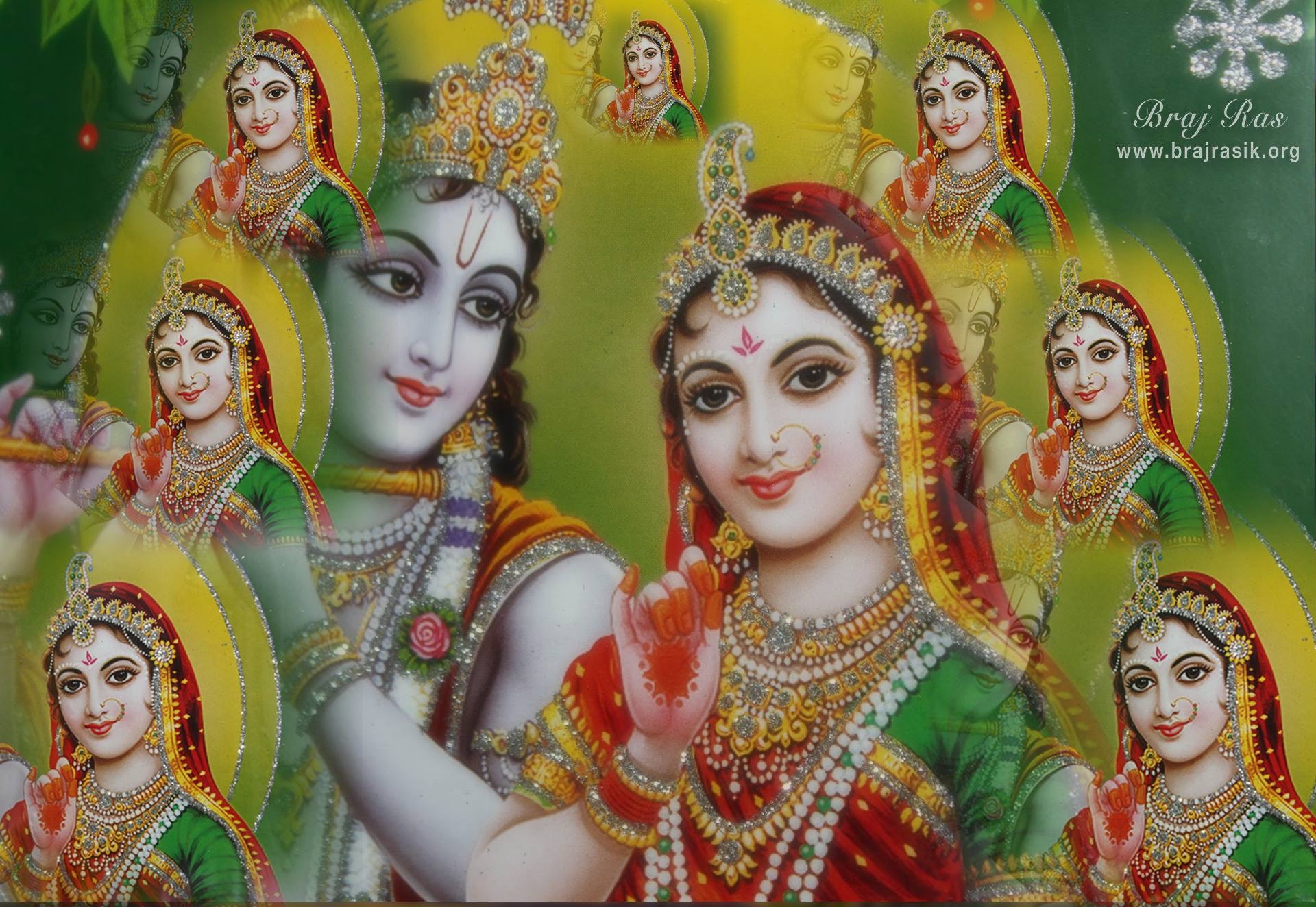 Rasik Saint of Vrindavan, Shri Lalit Kishori says:
"Lalit Kishori Itt Utt Radhey, Jita Dekhun Main Tita Tita Radhey"
 Wherever I see, I see only Shri Radhey.

Wallpaper depicts Shri Krishna looking at Shri Radha.
Shri Radha Krishna wallpaper of Vrindavan, [Braj Ras desktop retouched wallpaper of Shri Radha Krishna]