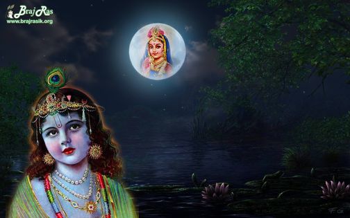 Wallpaper depicts Shri Krishna like a chakora bird looking at Shri Radha who is like a moon. [Braj Ras desktop retouched wallpaper of Shri Radha Krishna]