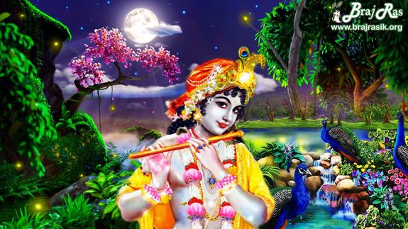 Once Shri Krishna was once enjoying pastimes with Radharani and Gopis when it is said that Kamadeva (Cupid), who is also known as Madana, arrived there with the intention of firing his arrow of attraction at Krishna. But upon seeing Krishna, he became so attracted by His transcendental beauty, that he became completely bewildered and fell unconscious on the ground. View complete story of Madan Ter here:

]http://brajrasik.org/articles/592da65b8c96df553692f9c9/madan-ter-vrindavan-divine-pastimes
[Braj Ras desktop retouched wallpaper of Shri Radha Krishna