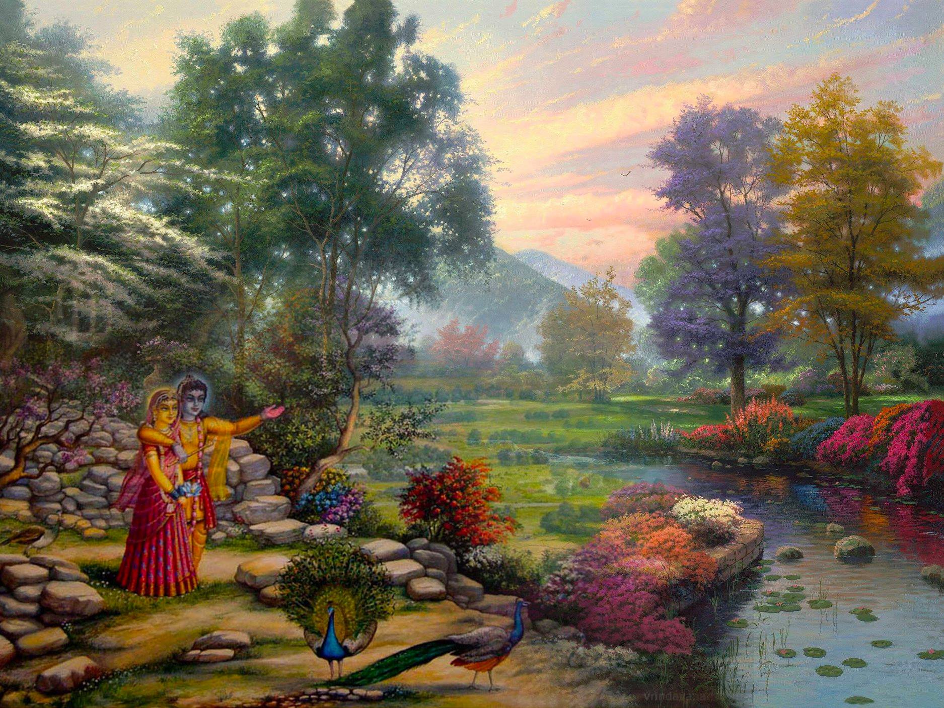 Checkout wallpaper depicting Shri Radha Krishn standing on the bank of Yamuna. [Braj Ras desktop retouched wallpaper of Shri Radha Krishna]