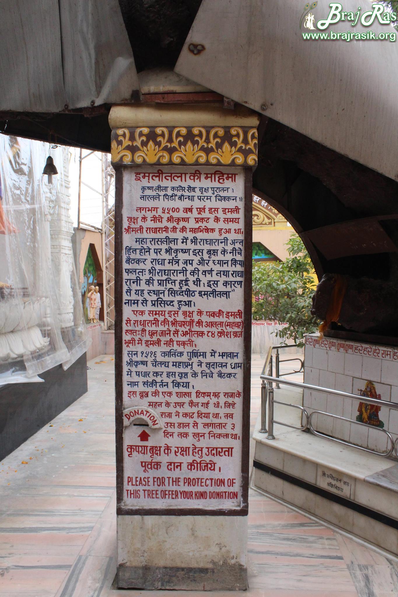 Glories of Imlitala, Vrindavan. During Maharaas Leela, when Radha Rani disappeared, then Shri Krishn sat under this tamarind tree and chanted Radha Naam and meditated intensively the form of Radha Rani and hence he attained Radha Rani here. Hence the place is famous as Imlitala. Shri Radharani's Abhishek also took place here.

Chaitanya Mahaprabhu also assumed the body colour of Lord Krishna while sitting under this tree chanting the names of Lord Krishna in a ecstatic feeling of separation.