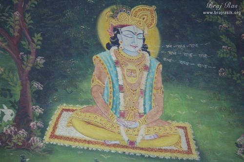 Shri Krishna meditating upon Shri Radha, painting at Old Ras Mandal or Hit Ras Mandal, Vrindavan.