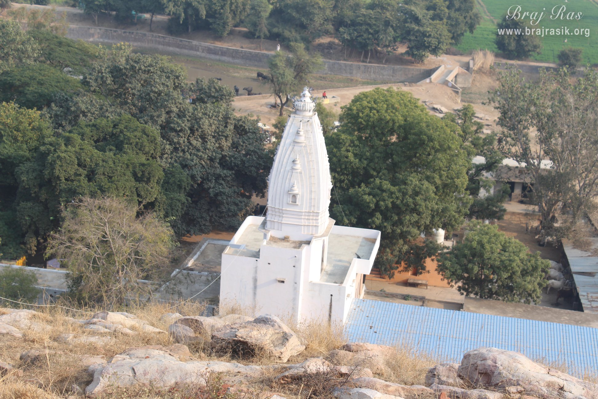 A nice view of temple from the top of the hill at Shri Kedarnath, Braj.