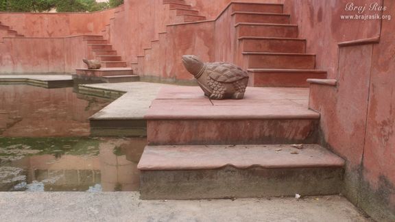 Side view of the statue of a turtle at Brahma Kunda, Vrindavan