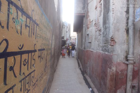 A view of narrow Kunj lane going to nidhivan at Mirabai Temple, Vrindavan