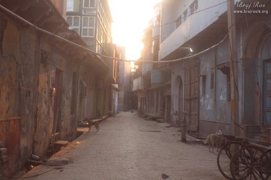 A view of Kunj lane going to Radha Damodar Temple at Mirabai Temple, Vrindavan