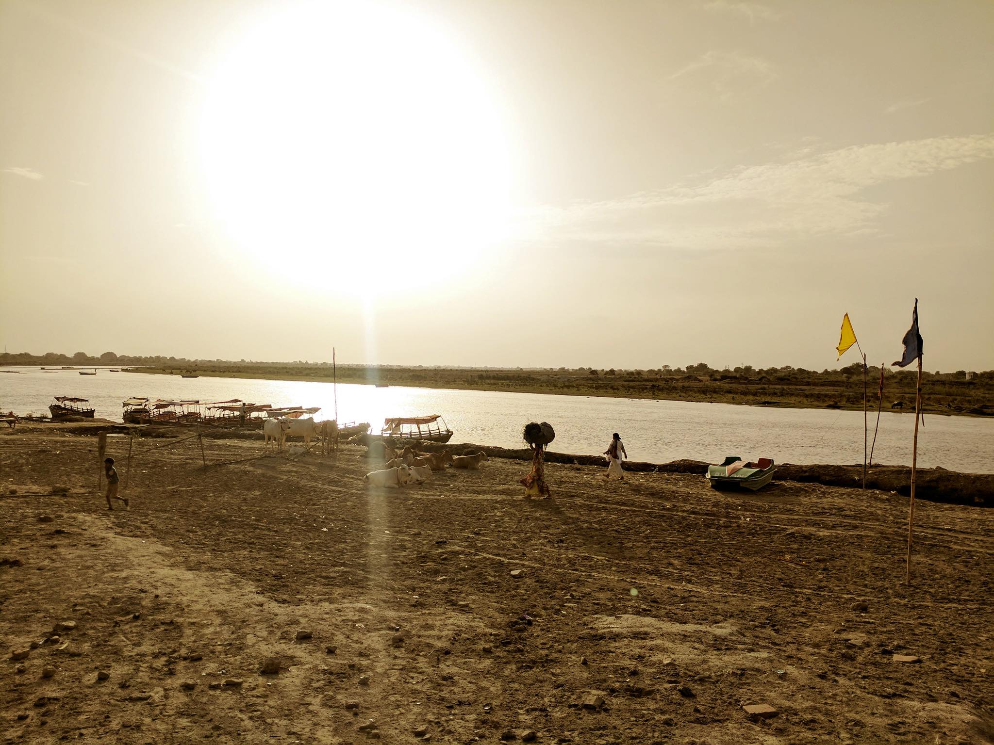 A sunny view of the banks of Shri Yamuna Ji, Vrindavan