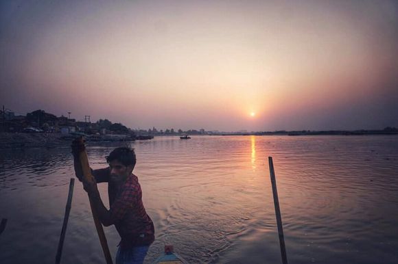 A sailor with his boat in Shri Yamuna Ji, Vrindavan
