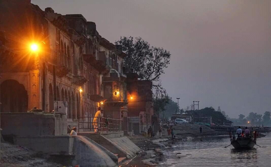 An epic view of the banks of Shri Yamuna Ji, Vrindavan