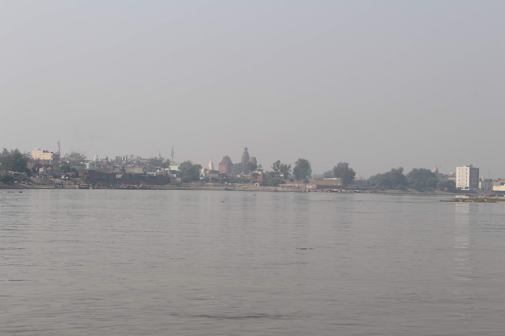 A long view of the city from the other side of Shri Yamuna Ji, Vrindavan
