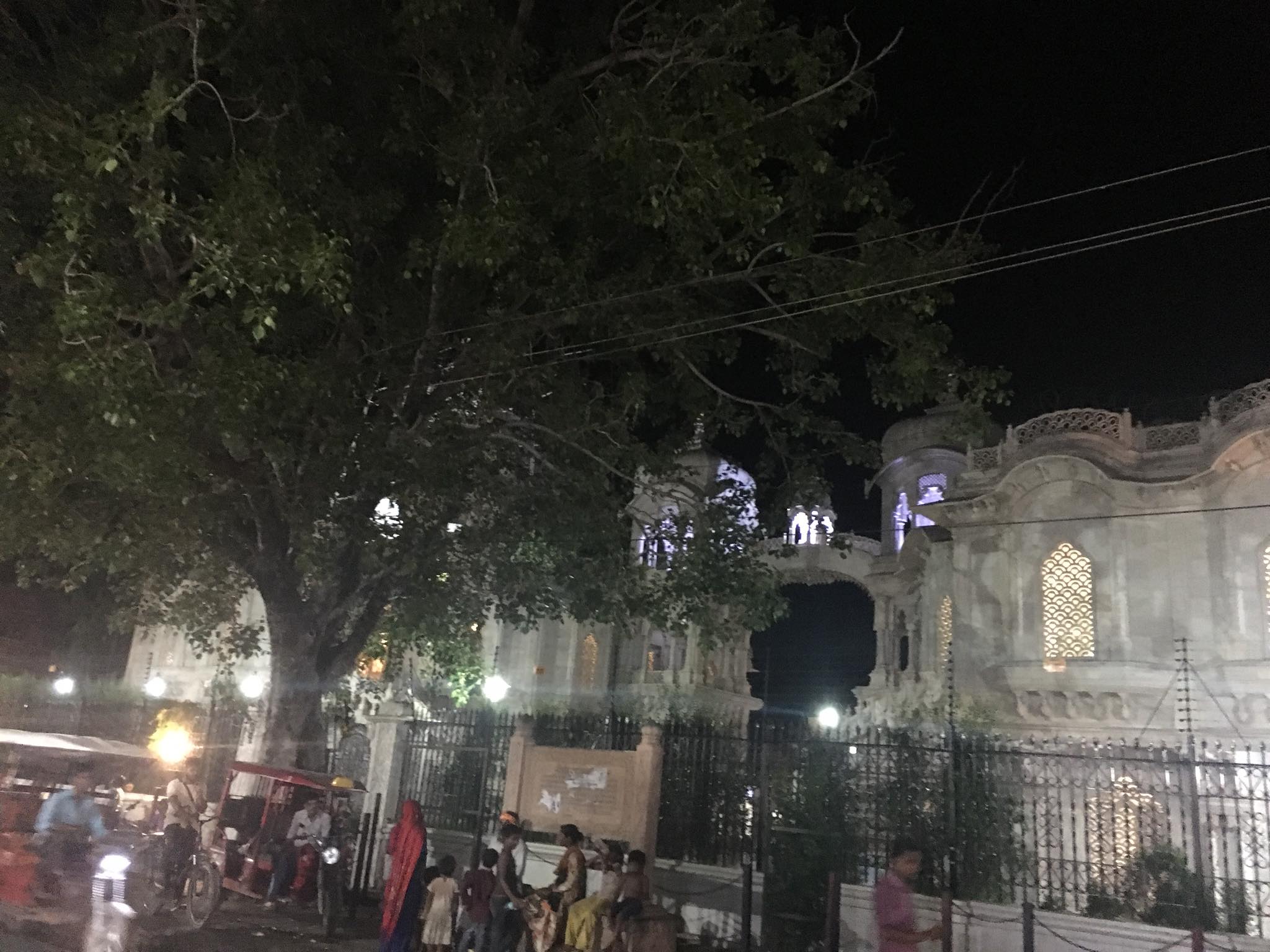 View from outside in night of Krishna Balram Temple, Vrindavan ISKCON