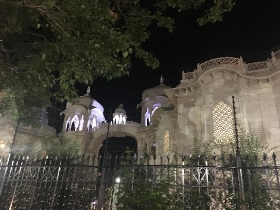 Close view in night from outside of Krishna Balram Temple, Vrindavan ISKCON