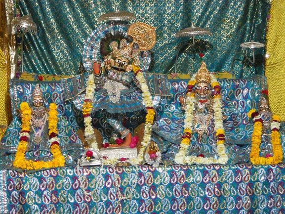 Deity darshan in blue attire in Shri Radha Damodar Temple, Vrindavan