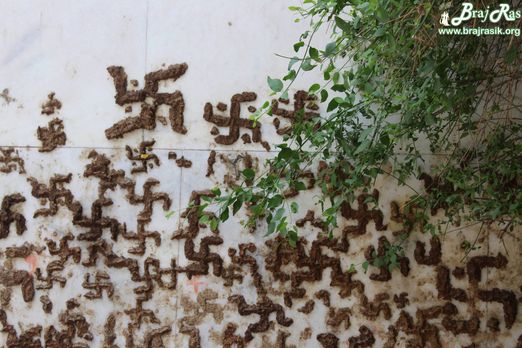 Close view of Swastik Symbol made from cow dung on the temple wall at Maan Sarovar or Mana Sarovar