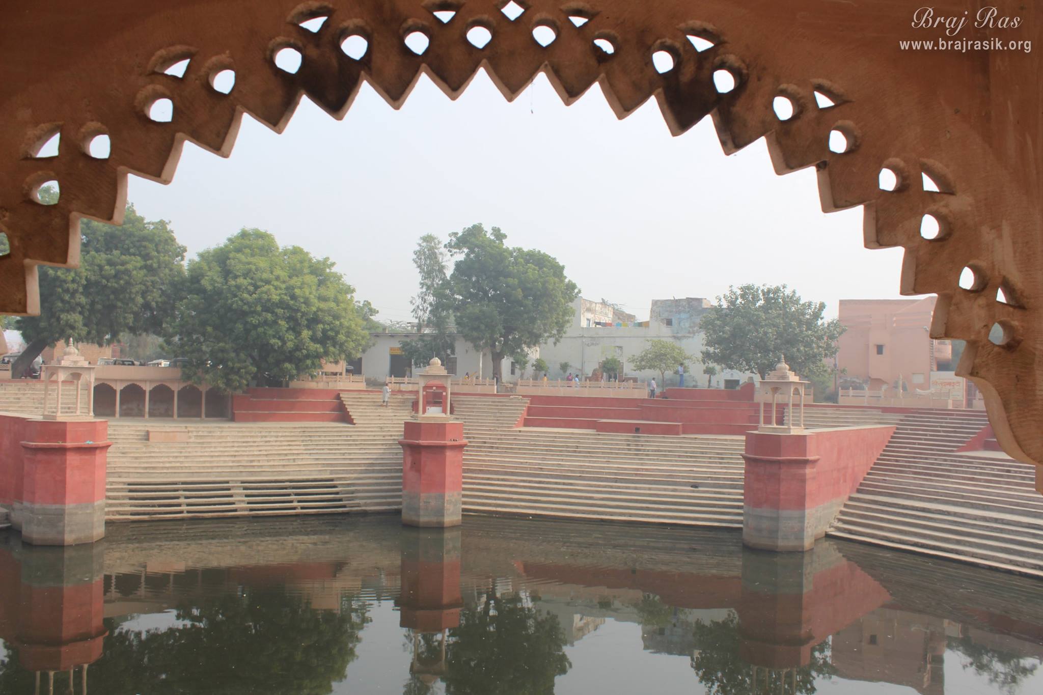 View of Prem Sarovar and stairs from the pillar at Prem Sarovar - Barsana