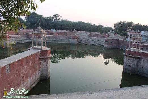 View of Prem Sarovar with stairs from above at Prem Sarovar - Barsana