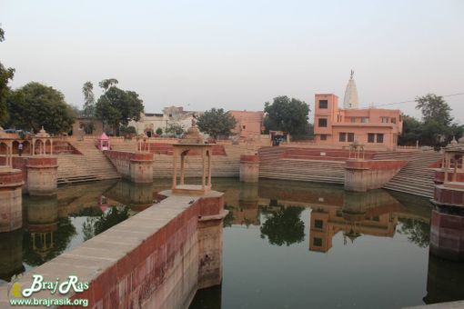An evening view of Prem Sarovar with stairs from above at Prem Sarovar - Barsana