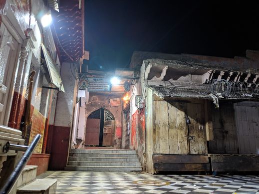 Night view of Banke Bihari Temple stairs in Vrindavan