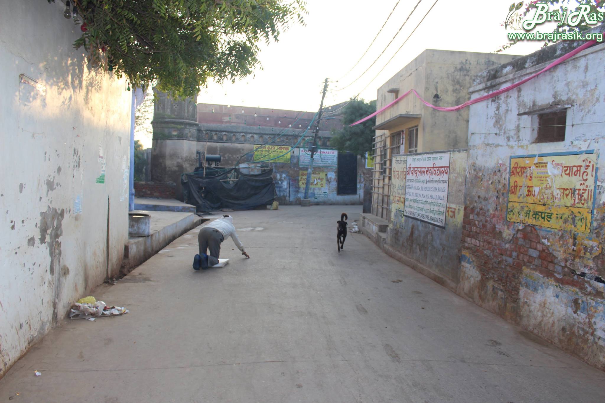 A devotee prostrating and doing parikrama of Shri Radha Kund