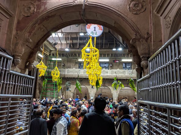 Flower decoration inside Shri Bankey Bihari Temple, Vrindavan