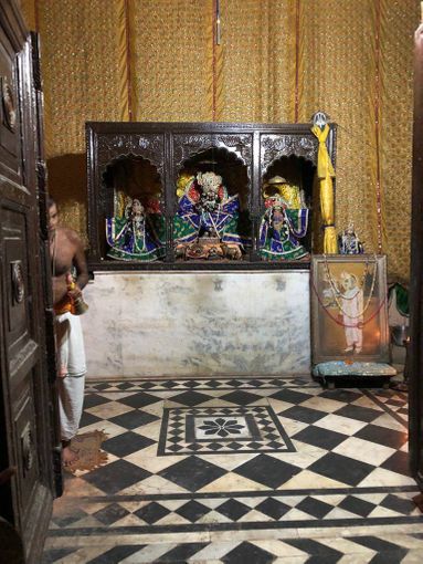 Deity darshan in green and blue attire at Shri Radha Gopinath Ji Temple, Vrindavan